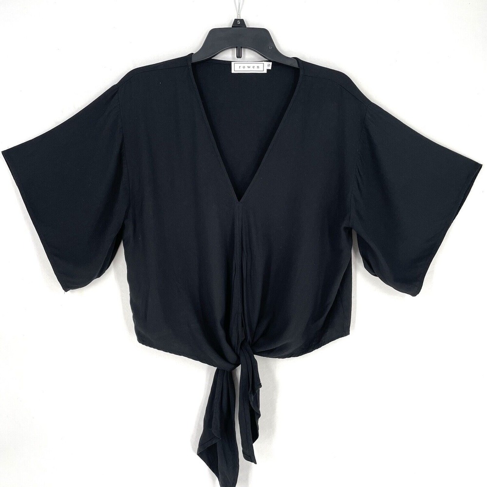 Rowen Tie Waist Top Blouse Size Small Flutter Sleeve Black‎ Rayon Boho Classic